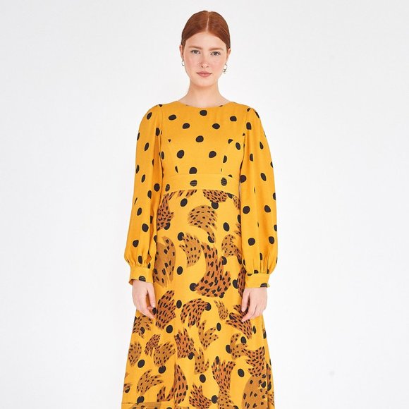 Farm Rio Long Dress Caramel Banana Polka - M - Picture 2 of 4